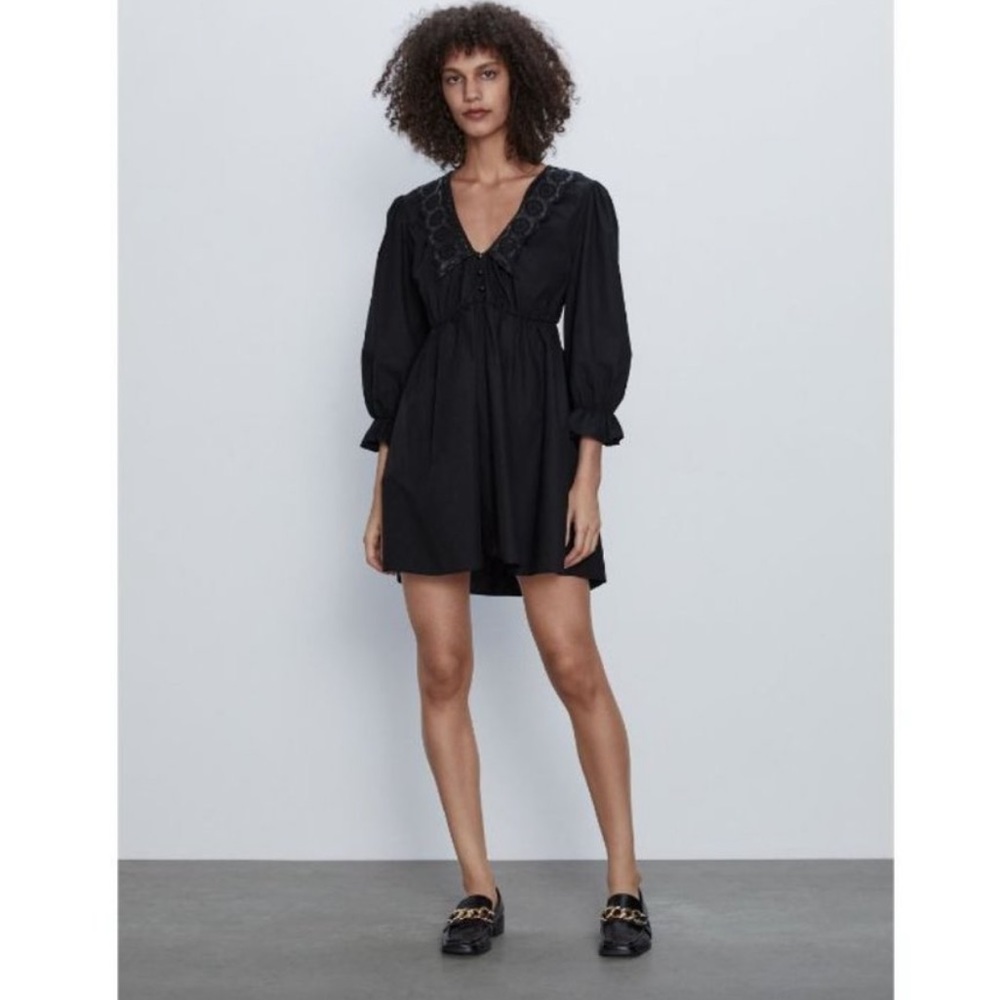 ZARA Poplin Flounce Faux Leather Collar Black Mini Dress Women's Sz XS Preowned